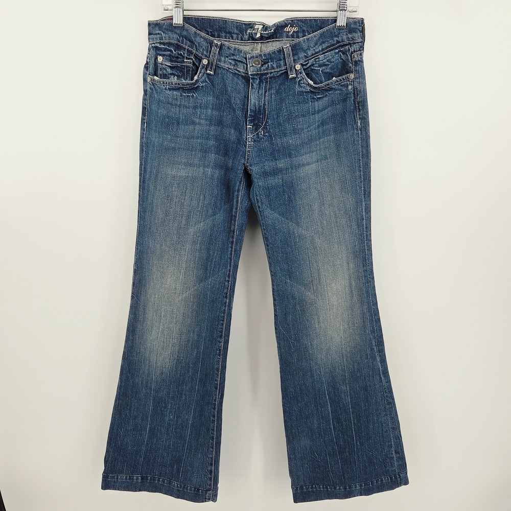 7 For All Mankind Dojo Wide Leg‎ Jeans Blue Embroidered Crochet Pockets 30 Boho